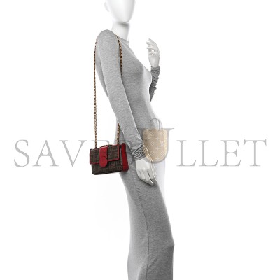 FENDI GLAZED FABRIC VITELLO CENTURY FF 1974 STAMP PATCH MINI DOUBLE F CROSSBODY BAG MOGANO PANNA FRAGOLA (19*13*4cm) 